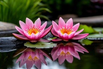 Lilies, by the water&acirc;&euro;&trade;s edge, reflections in the pond double their beauty in the calm water
