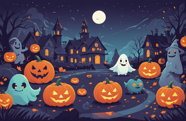 Fototapeta premium cute halloween festival illustration pattern background cartoon with ghost and pumpkin