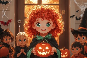 Halloween Night: Joyful Trick-or-Treating Kids,  Halloween, trick-or-treat, children, kids, joyful, pumpkin, jack-o-lantern, Halloween costumes, autumn