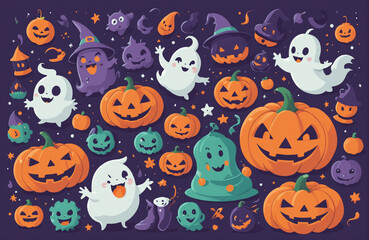 Fototapeta premium cute halloween festival illustration pattern background cartoon with ghost and pumpkin