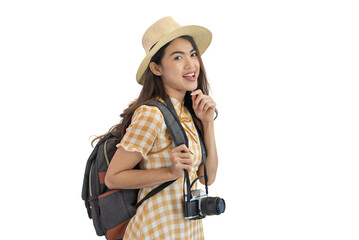 Young Asian female traveler holding a camera isolated on white background