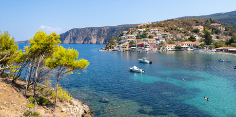 Drone aerial view of Greek village of Asos on the west coast of the island of Cephalonia ,...