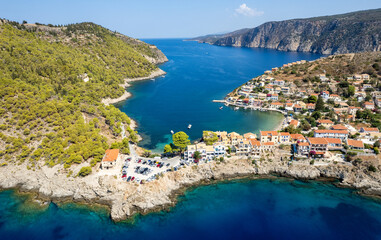 Drone aerial view of Greek village of Asos on the west coast of the island of Cephalonia , Kefalonia Greece in the island sea.