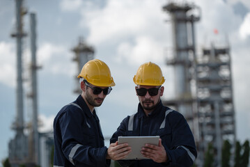 Refinery industry, engineer working in industrial production, oil and gas refinery plant industry factory