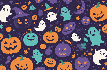 cute halloween festival illustration pattern background cartoon with ghost and pumpkin