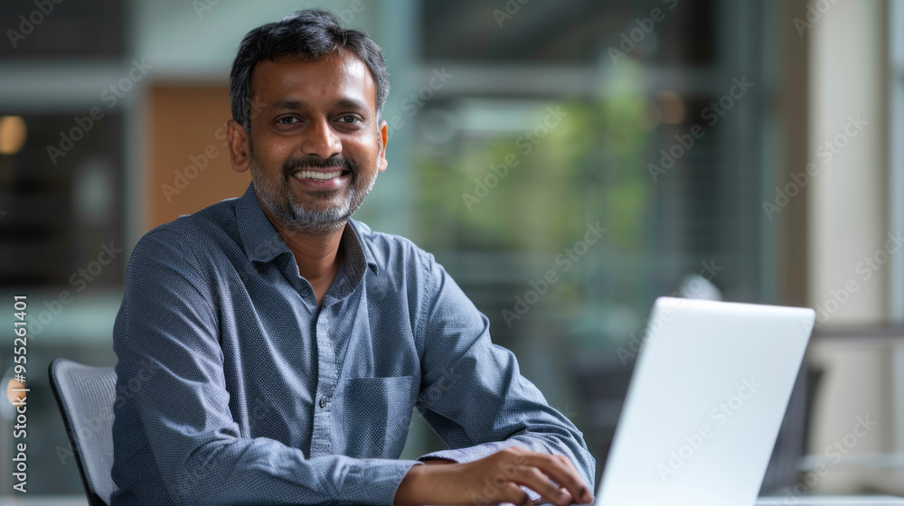 Aufkleber a man is sitting at a desk with a laptop in front of him