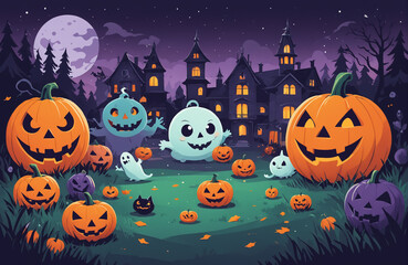 Fototapeta premium cute halloween festival illustration pattern background cartoon with ghost and pumpkin
