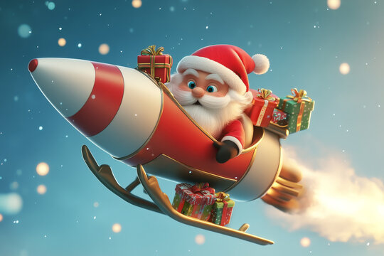 A whimsical Santa Claus flying in a rocket ship through a snowy sky, holding Christmas gifts. The image is playful and modern, blending traditional and futuristic Christmas elements.