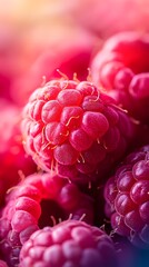 Close-up of fresh raspberries against a blurred background, macro shot, macro photography, cinematic color grading