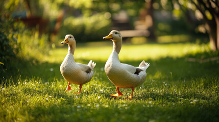 Close-up view of domestic ducks walking on a green grass