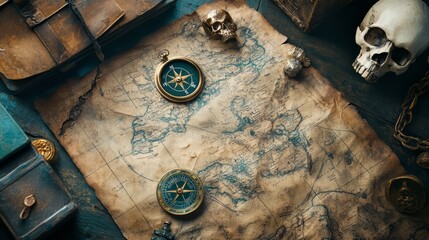 Fototapeta premium Treasure Hunt Essentials: Pirate Map, Compass & Skull Relics Flat Lay