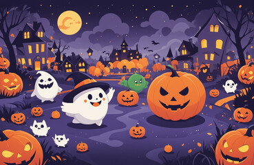 Fototapeta premium cute halloween festival illustration pattern background cartoon with ghost and pumpkin