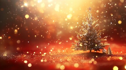 Obraz premium golden and silver lights with christmas tree on red background,bright decoration, with copy space