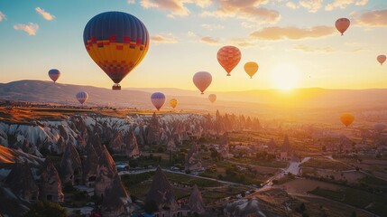 Obraz premium Colorful hot air balloons drifting in the early morning light over Cappadocia's unique rock formations and valleys. Sunrise adventure in Turkey.