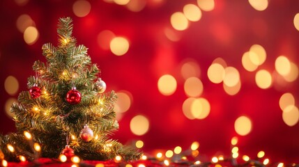 Fototapeta premium golden and silver lights with christmas tree on red background,bright decoration, with copy space