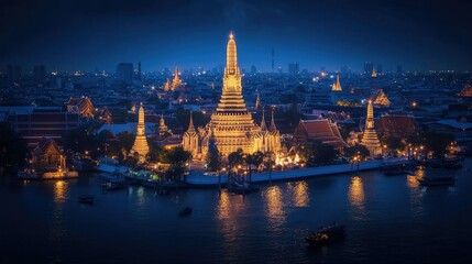 Dramatic shot of Wat Arun's central spire lit up at night, surrounded by smaller illuminated prangs, with a dark blue evening sky as the backdrop