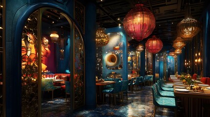 Obraz premium A vibrant restaurant with dynamic 3D-rendered decor and ever-changing themes