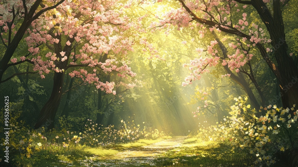 Poster a spring forest with sunlight filtering through the canopy of blooming trees, creating a serene and 