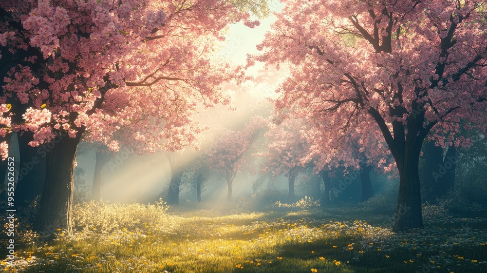 Poster A spring forest with sunlight filtering through the canopy of blooming trees, creating a serene and peaceful atmosphere with ample space for copy.