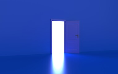 Open the door. Symbol of new career, opportunities, business ventures and initiative. Business concept. 3d render, white light inside open door isolated on black background. Modern minimal concept.