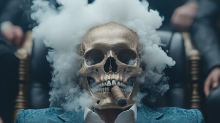 A captivating image of a person in a sophisticated suit, sitting in an armchair while enveloped by a cloud of smoke, highlighting a mix of elegance and mystery.