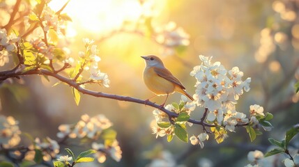 Fototapeta premium A spring morning with birds singing on blooming branches, bathed in the soft golden light of dawn, offering a peaceful and uplifting scene with room for copy.
