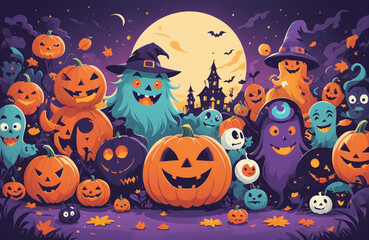 cute halloween festival illustration pattern background cartoon with ghost and pumpkin