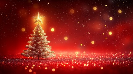 golden and silver lights with christmas tree on red background,bright decoration, with copy space