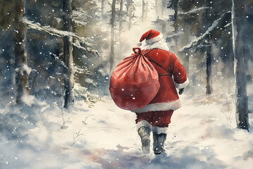 Santa Claus walking away through a snowy forest with a large red sack of gifts over his shoulder, creating a sense of mystery and adventure.