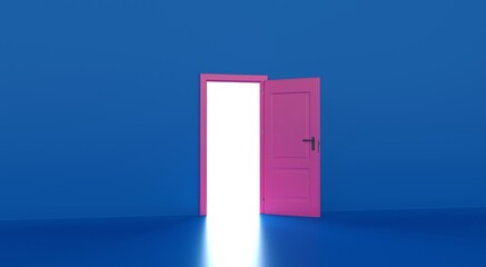 Open the door. Symbol of new career, opportunities, business ventures and initiative. Business concept. 3d render, white light inside open door isolated on blue background. Modern minimal concept.