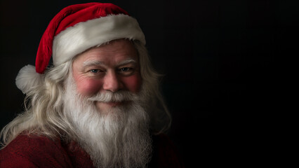 Fototapeta premium Traditionelles Porträt von einem lächelnden Weihnachtsmann mit grauem Bart und roter Mütze auf schwarzem Hintergrund mit Platz für Text, festliche Weihnachtsgrüße