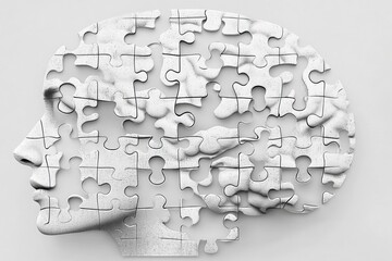 Conscious experience Brain cortex White puzzle forming the shape of a human head symbolizing the complexity of thoughts and the intricate process of problem solving