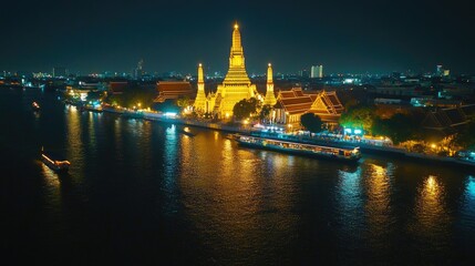 Obraz premium Evening panorama of Wat Arun and its illuminated reflection in the river, framed by the softly glowing lights of nearby buildings and boats passing by