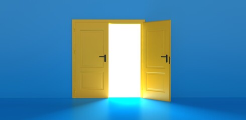 Open the door. Symbol of new career, opportunities, business ventures and initiative. Business concept. 3d render, white light inside open door isolated on blue background. Modern minimal concept.