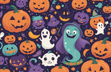 Naklejka premium cute halloween festival illustration pattern background cartoon with ghost and pumpkin