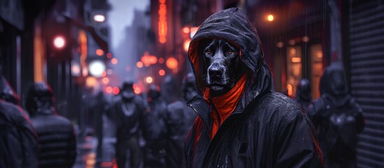 Black Dog In Hood In Rainy City Night, The Dog In Human Like Posture Wearing A Jacket