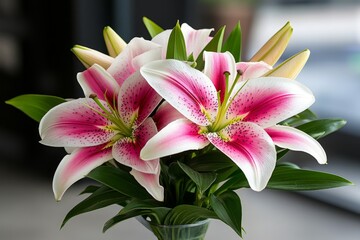 Obraz premium Lilies, stargazer lilies, vibrant pinks and whites captivate with their dramatic, star-shaped blooms