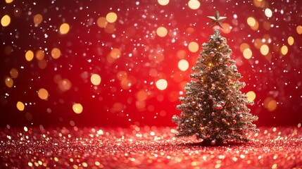 golden and silver lights with christmas tree on red background,bright decoration, with copy space