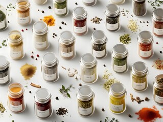 Assorted organic spice jars, each labeled, with spices artfully scattered around them