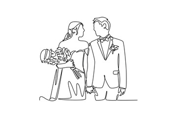 Continuous one line drawing wedding concept. Doodle vector illustration.