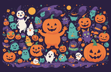 cute halloween festival illustration pattern background cartoon with ghost and pumpkin