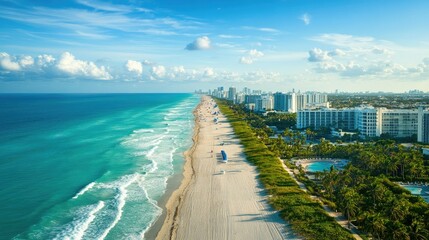 Obraz premium High-altitude view of Miami Beach's famous hotels, including The Setai, lined along the coastline with palm trees and blue ocean waves, capturing the essence of South Beach