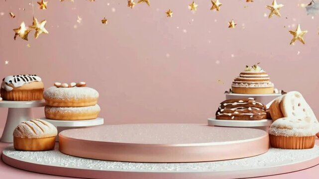 Empty Podium with Bakery Items for Product Showcase,3D Podium Display with Fresh Bakery Goods, Podium with Bread and Pastries for Product Display, Creative Podium Design with Fresh Bakery Goods for Pr