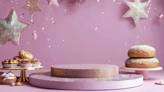 Empty Podium with Bakery Items for Product Showcase,3D Podium Display with Fresh Bakery Goods, Podium with Bread and Pastries for Product Display, Creative Podium Design with Fresh Bakery Goods for Pr