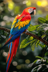 Fototapeta premium Close-up image of an Ara parrot on a tropical tree branch in the rainforest