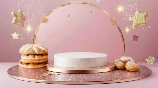 Empty Podium with Bakery Items for Product Showcase,3D Podium Display with Fresh Bakery Goods, Podium with Bread and Pastries for Product Display, Creative Podium Design with Fresh Bakery Goods for Pr