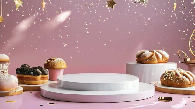 Empty Podium with Bakery Items for Product Showcase,3D Podium Display with Fresh Bakery Goods, Podium with Bread and Pastries for Product Display, Creative Podium Design with Fresh Bakery Goods for Pr