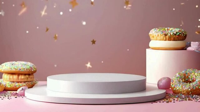 Empty Podium with Bakery Items for Product Showcase,3D Podium Display with Fresh Bakery Goods, Podium with Bread and Pastries for Product Display, Creative Podium Design with Fresh Bakery Goods for Pr
