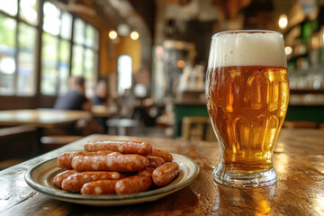 Glass of light beer with fried sausages on wooden table and bar background. Oktoberfest concept.