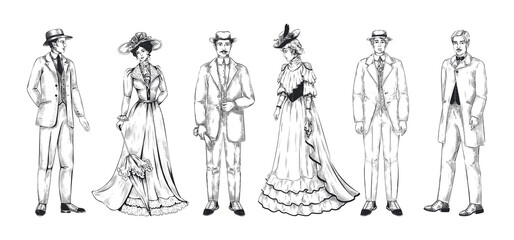 Vintage people. Victorian woman or man. 19th century clothing. Lady dress old sketch drawing. Retro fashion style. 1900 France aristocrats. Dandy tuxedo. Vector nobleman characters set